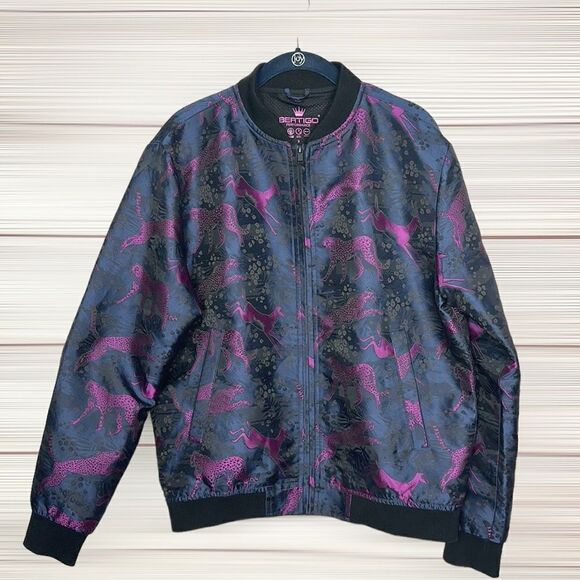BERTIGO lan Animal Impala & Cheetah Jacquard  Bomber Jacket Navy Blue / Purple S - Picture 3 of 15